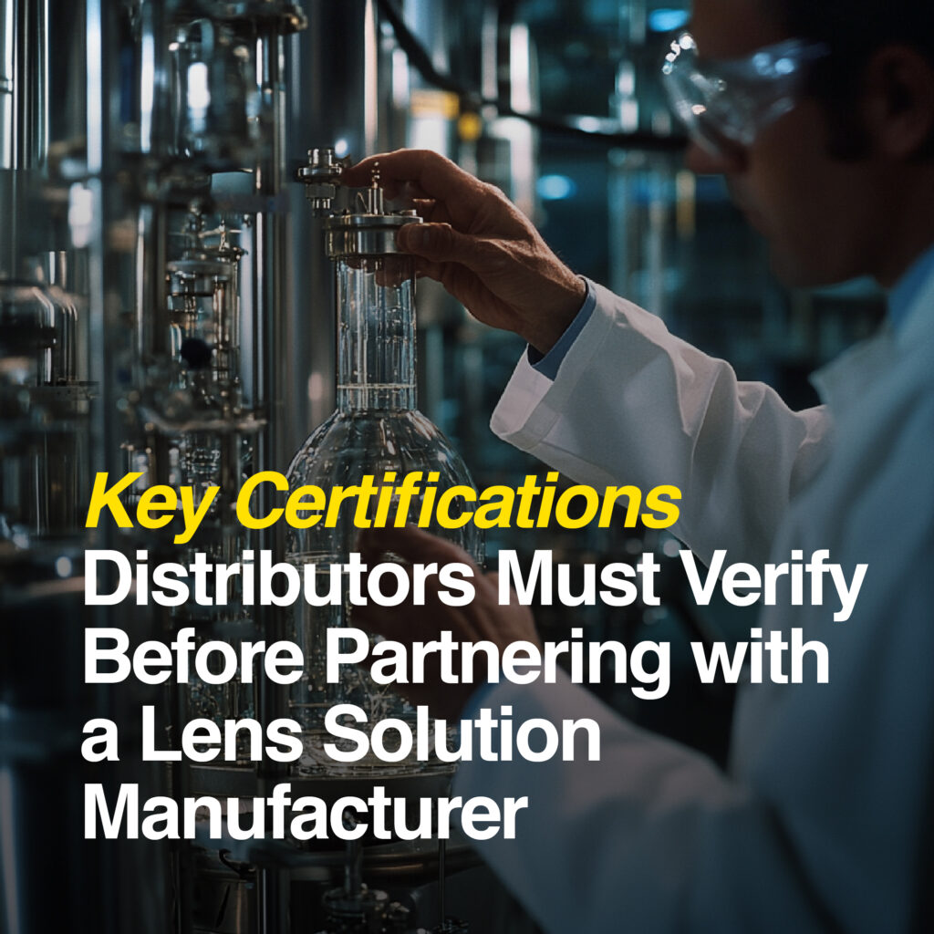 Key Certifications Distributors Must Verify Before Partnering with a Lens Solution Manufacturer